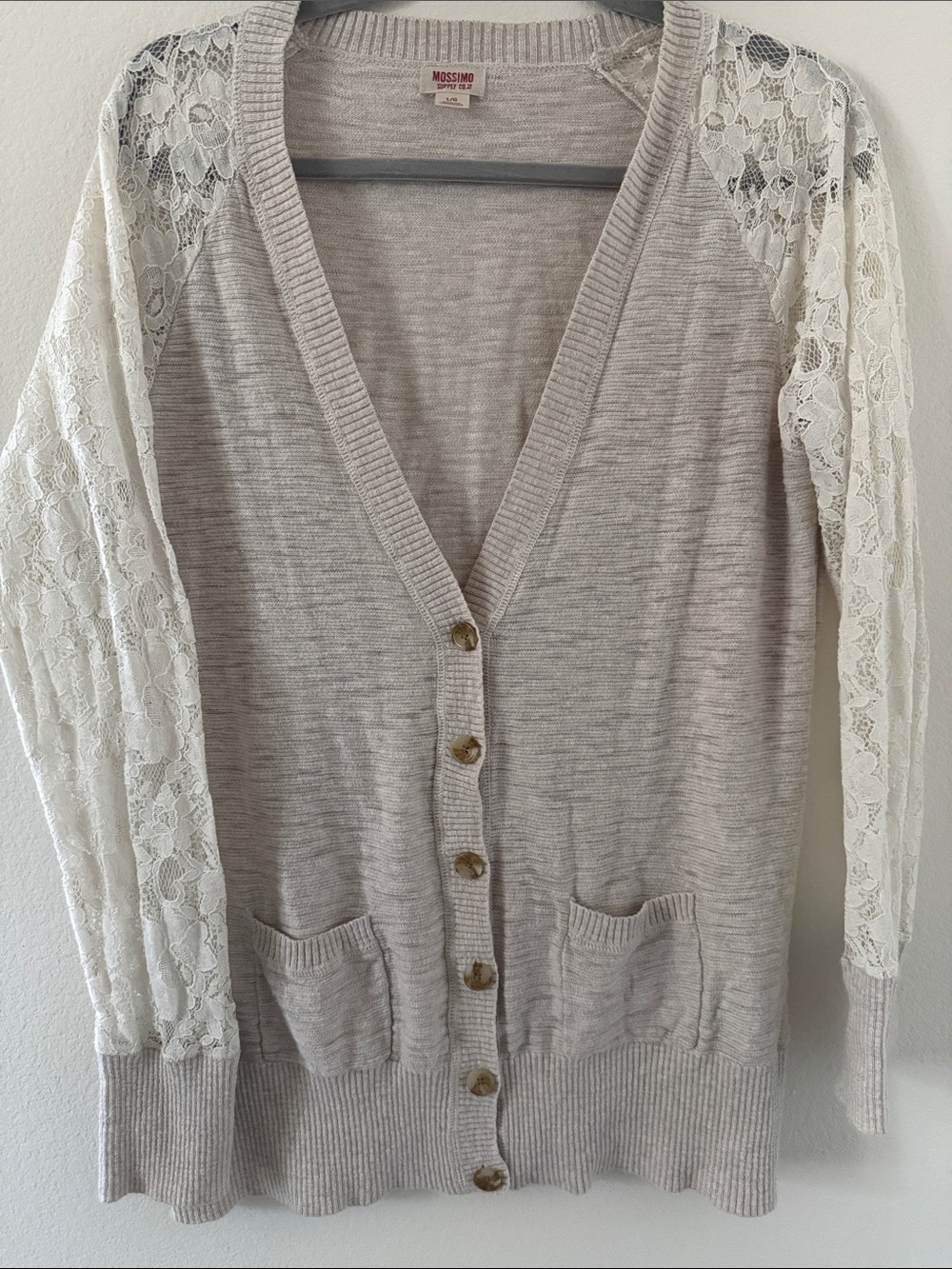 Mossimo Supply Co. beige sweater cardigan with cream lace sleeves
